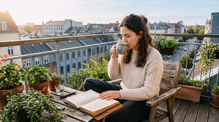Fototapeta premium Woman drinking coffee while reading book on rooftop terrace surrounded by potted plants overlooking city buildings, relaxed person enjoying sunny morning on urban balcon