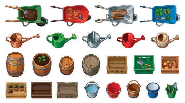 Gardening equipment set with wheelbarrows and watering cans, isometric garden tools collection, wooden barrels and crates for farming vector