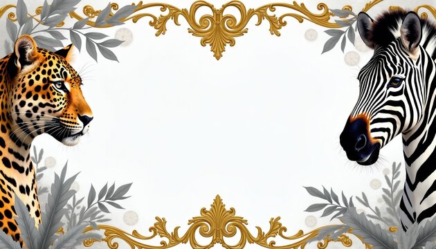 Decorative frame features golden baroque ornaments with leopard, zebra heads on white background. Tropical foliage accents surround animal portraits. Elegant illustration for luxury wedding
