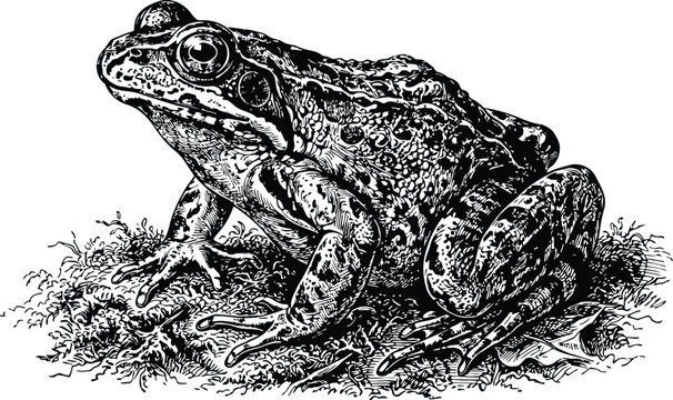 Detailed engraving of a frog resting on mossy ground during a bright day with natural lighting and a shallow depth of field for conceptual use