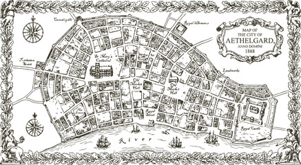 Obraz premium Detailed hand drawn map of Aethelgard city in antique style with decorative border for fantasy settings