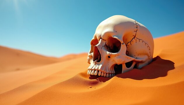 Human skull lies on orange sand dune under bright clear blue sky. Dry bones rest in arid wilderness landscape during hot sunny day. Concept of death, danger in vast desert environment represent