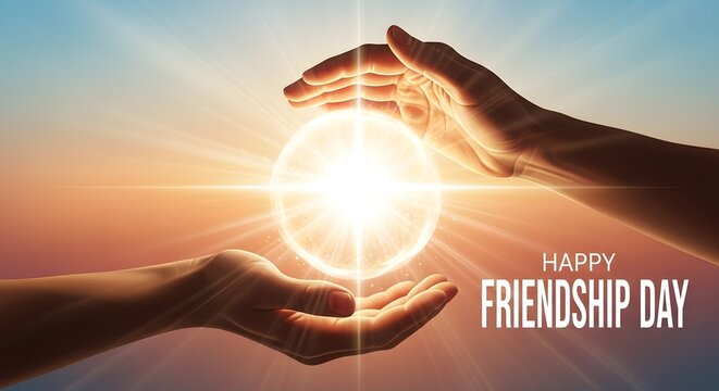 Hands holding a glowing orb with happy friendship day text