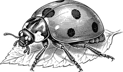Detailed ladybug illustration on a textured leaf with intricate linework and vintage engraving style for nature concepts © Ishtiaq