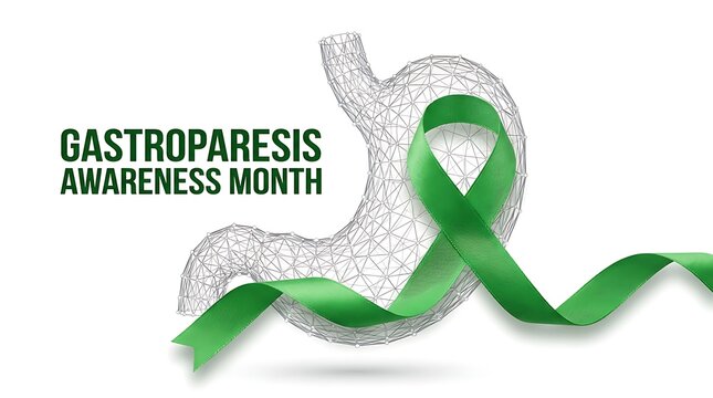 Gastroparesis awareness month green ribbon on wireframe stomach symbol raising awareness for digestive tract paralysis health condition support and education campaign.