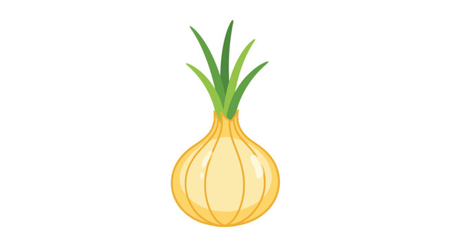 Whole yellow onion bulb with green sprouts growing from the top isolated on a white background for food related content.