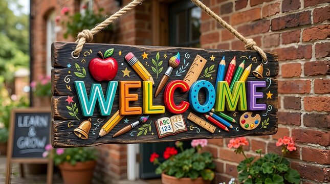 Colorful welcome school sign on rustic wall for classroom and classroom decor