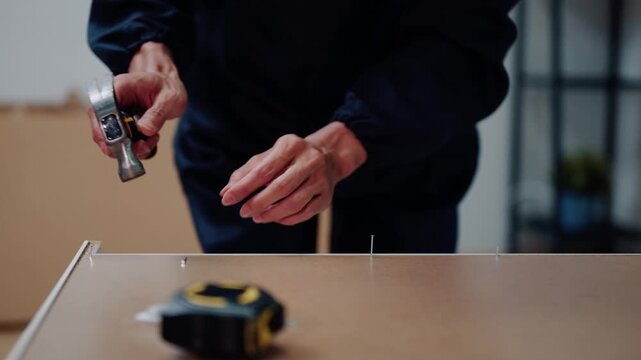 Carpenter Hammering Nail into Wood Panel During Furniture Assembly Close Up