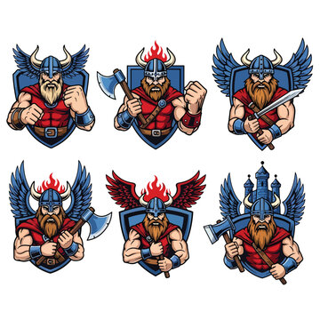 Set of six fierce Viking warrior mascot character emblems.