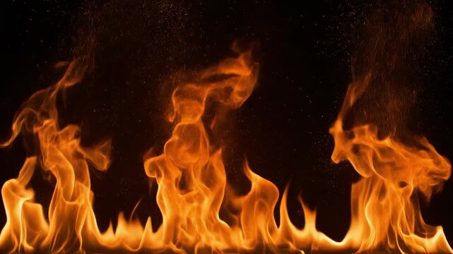 Fiery flames dancing with smoke against a dark background in a seamless cinematic loop