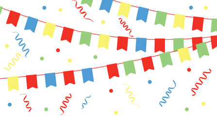 Obraz premium Party Bunting and Confetti: Colorful bunting flags strung across red cords, accompanied by swirling ribbons and scattered confetti, create a festive and celebratory atmosphere.