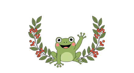 Obraz premium Happy green frog character waving with joy surrounded by a decorative wreath of berry branches and green leaves on a clean background.