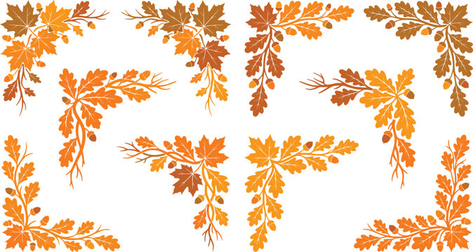 Decorative Autumn Leaves and Acorns Corner Borders Vector Illustration Set