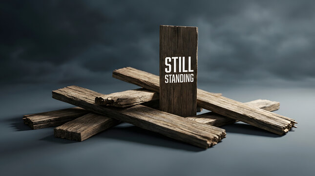 Resilience and Strength Concept with Upright Wood Plank | Still Standing Inscription on Weathered Timber | Metaphor for Perseverance Overcoming Adversity | Symbolic Survival and Stability Design