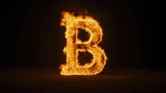 Fiery letter B igniting with dynamic flames against a dark background during a dramatic cinematic sequence