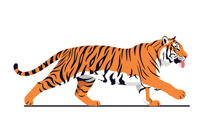 Obraz premium Magnificent tiger walking with a determined gaze and its tongue out shown in a realistic flat illustration style on a white background.