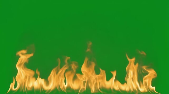 Fiery orange flames dancing on a black background with green screen for easy compositing during nighttime scenes