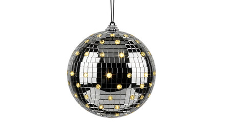 Obraz premium A shiny disco ball hangs from a thin metal wire indoors.