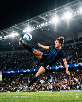 Female football player in uniform hitting ball with powerful kick in jump during night stadium match