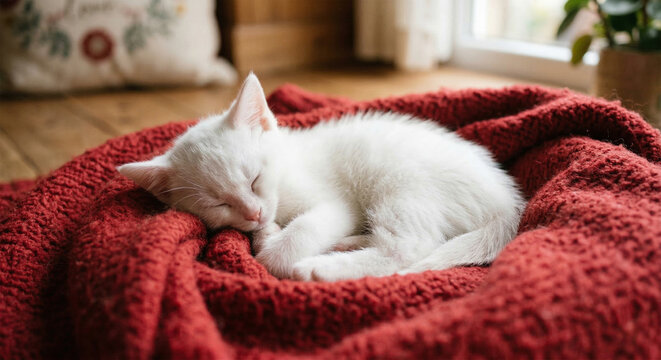 Small fluffy white kitten sleeping peacefully on soft red knitted blanket in cozy home interior