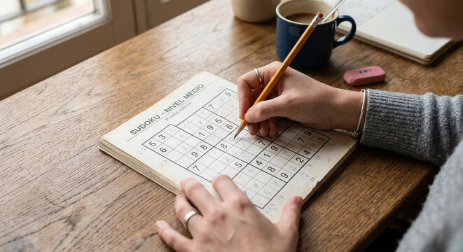 Female hand with pencil filling numbers in paper sudoku puzzle on wooden table near window