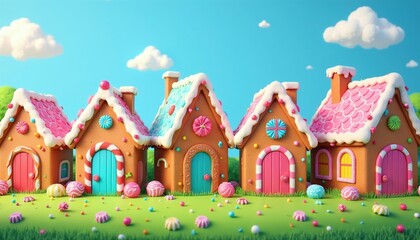Obraz premium Cute gingerbread houses decorated with frosting candies and sprinkles on green lawn under blue sky. Whimsical scene with candy decorations and colorful sugar elements creating sweet edible village.