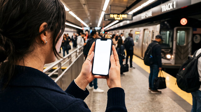 Hand holding mobile phone with blank white screen mockup by brunette woman on NYC subway platform, female commuter waiting for metro train transit navigation app

