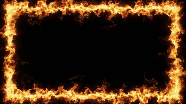 Fiery rectangular borders with animated flames against a dark background for dynamic visual effects and creative framing during transitions