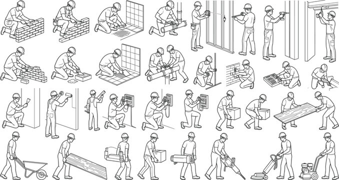 Construction Worker Outline Figures Collection with Building Trades and CAD People Vector Set