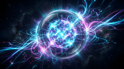 Fototapeta premium Energy orb pulses with brilliant light while surrounded by ethereal ribbons of cosmic gas.