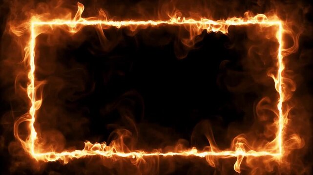 Fiery rectangular frame with energetic flames during a dark background for graphic design elements
