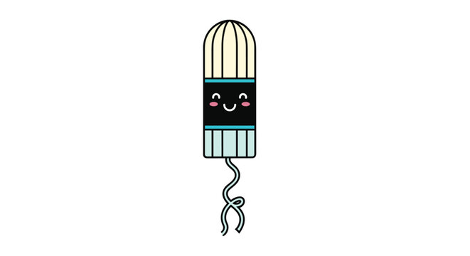 Adorable kawaii style tampon character features a happy smiling face and rosy cheeks on a pastel colored background for feminine care.