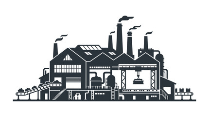 Fototapeta premium Industrial Factory Silhouette with Smokestacks and Conveyor Belts