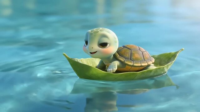 Cute baby turtle floating on a green leaf in calm blue water surface