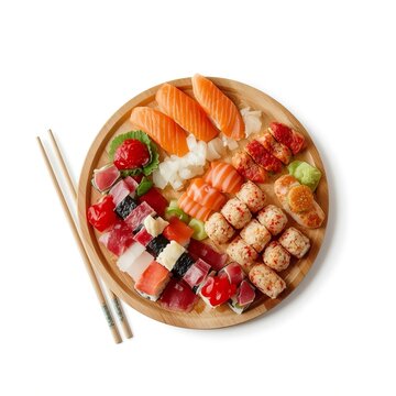 Top view of assorted premium sushi platter isolated on white background