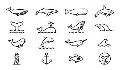 Whale and Marine Life Icon Set Featuring Humpback Orca Beluga Dolphin Narwhal Lighthouse Anchor and Wave Symbols in Outline Vector Style © MdRifat