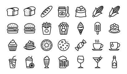 Fototapeta premium Fast Food Bakery and Beverage Icon Set Featuring Burger Fries Popcorn Ice Cream Coffee Cake and Drink Bottles in Outline Vector Style