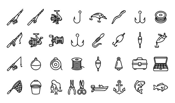 Fishing Equipment and Tackle Icon Set Featuring Rods Reels Hooks Baits Floats Nets Box Boat and Fish Symbols in Outline Vector Style