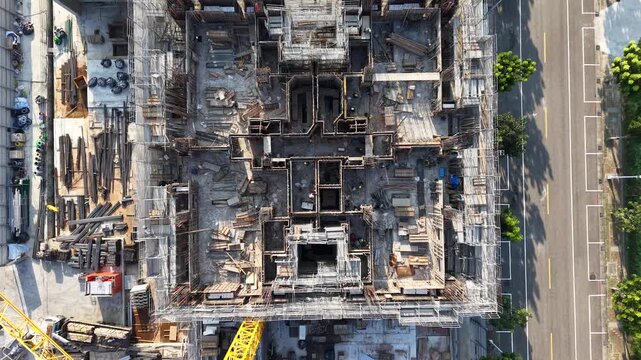 Bird's Eye View of Skyscraper Construction and Scaffolding