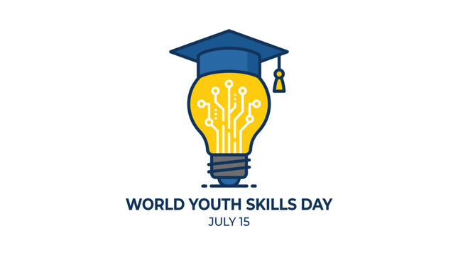 Creative vector illustration featuring a glowing yellow lightbulb topped with a blue graduation cap representing knowledge and technical skills for the upcoming world youth skills day celebration 