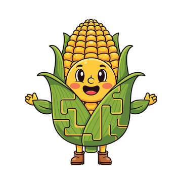 Cute Happy Corn Cob Character Mascot Cartoon Illustration.