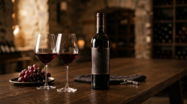 Wine Tasting in Cellar with Red Wine and Grapes