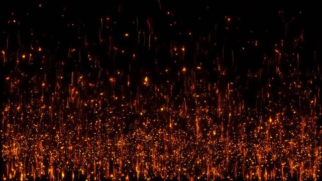 Fiery sparks erupting upwards in a dark void with subtle camera movement creating a dynamic background effect