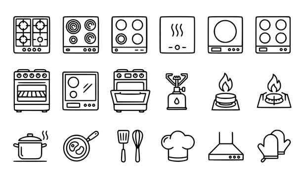 Kitchen Stove Oven and Cooktop Icon Set Featuring Gas Hob Induction Burner Pot Pan Chef Hat and Range Hood Symbols in Outline Vector Style
