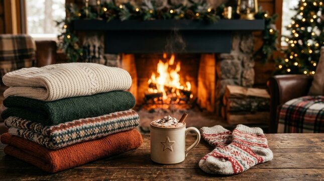 Cozy Winter Holiday Atmosphere by the Fireplace