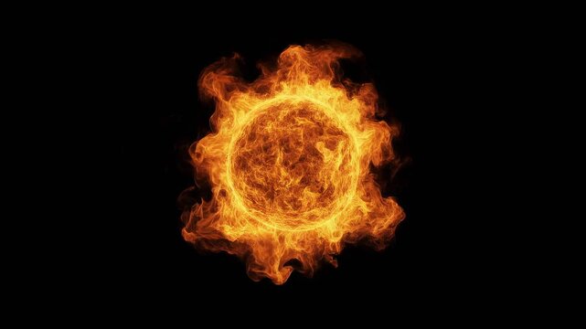 Fiery sun orb with glowing plasma flares in dark void cinematic motion