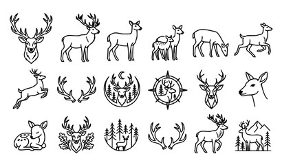 Deer Wildlife Antlers Forest Nature Hunting Badge and Emblem Outline Vector Icon Collection Set © Keyapayal