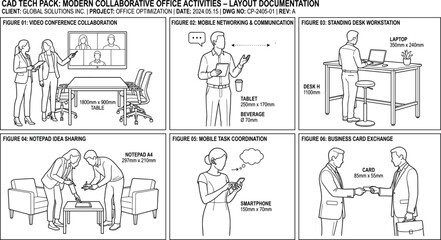 Obraz premium Line art CAD tech pack vector illustration showing modern collaborative office activities, workstations, and business meetings
