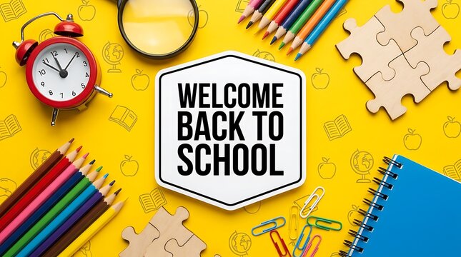 Welcome back to school text with stationery supplies like clock pencils magnifying glass notebook and puzzle pieces on yellow background symbolizing education.