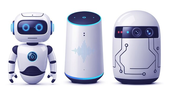 Three robots standing side by side on white background
